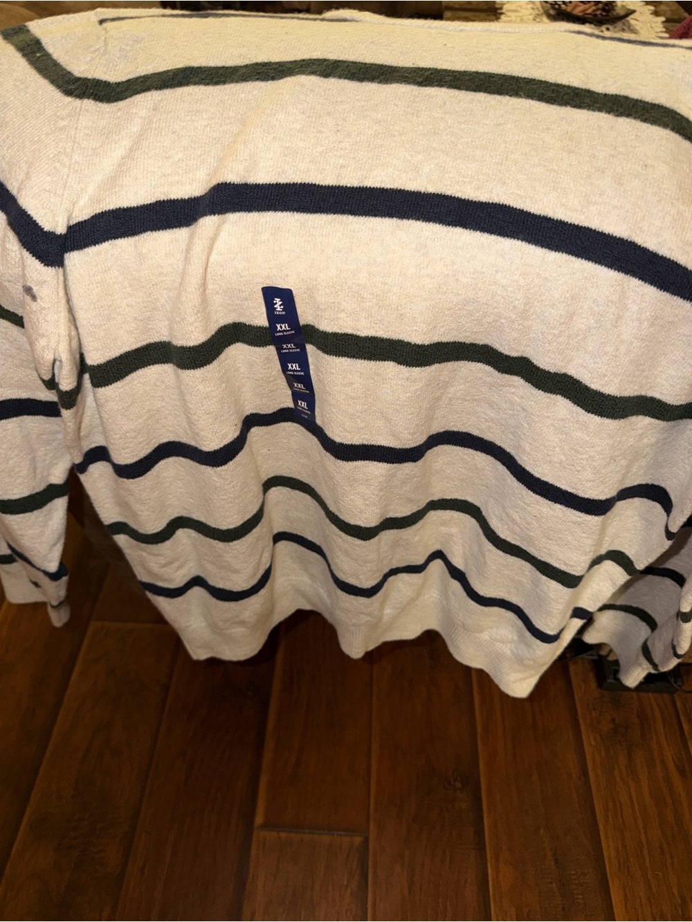 Izod Cream Crewneck Sweater with Navy & Green Stripes